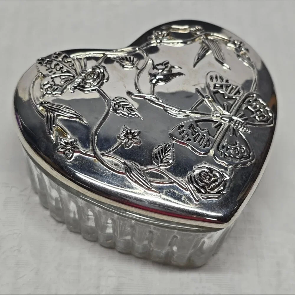 Vintage Silver Plated Butterfly Floral Lid Heart Shaped Glass Trinket Box